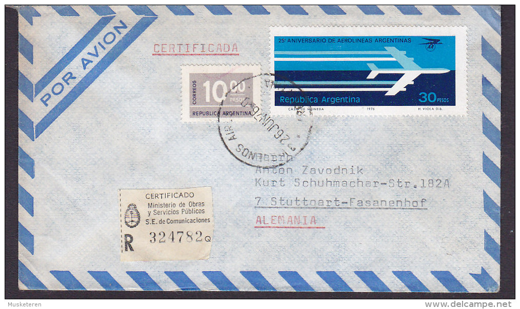 Argentina Por Avion CERTIFICADO Label BUENOS AIRES 1976 Cover Letra STUTTGAR Germany Aerolineas Argentinas - Briefe U. Dokumente