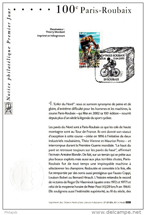 &#9733; Notice Officielle 1er Jour De 2002 " 100° PARIS-ROUBAIX " N° YT 3481. Parfait état ! - Cyclisme