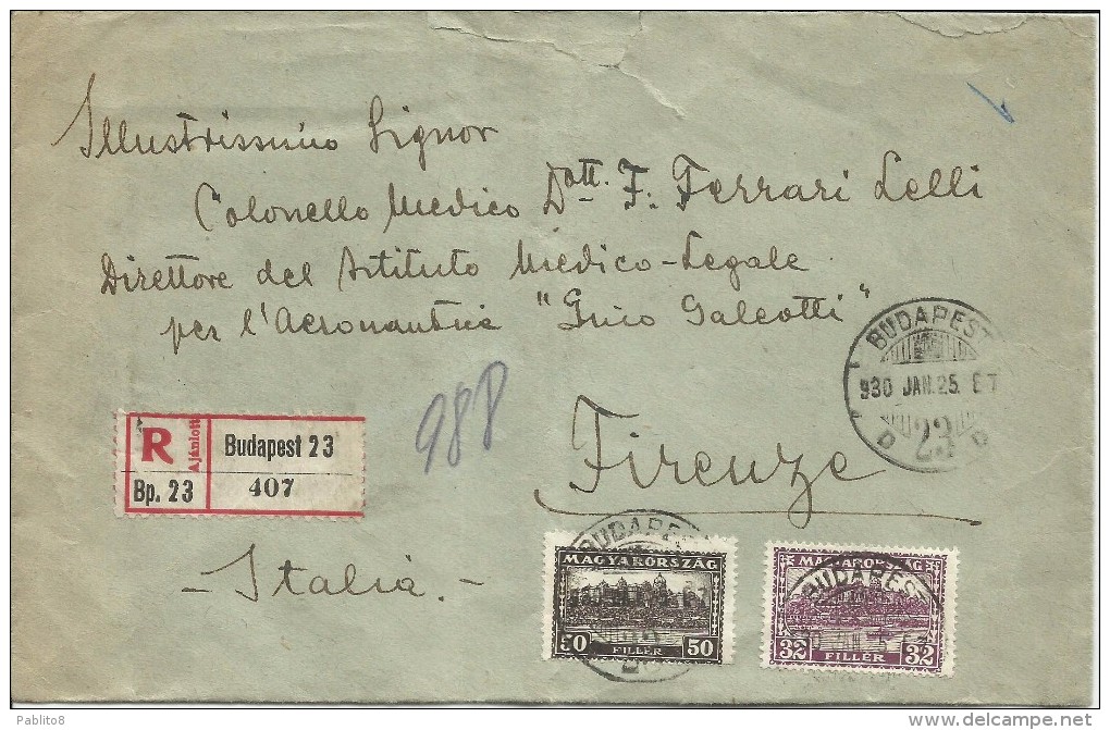 HUNGARY UNGHERIA MAGYAR 27 1 1939 LETTERA RACCOMANDATA REGISTERED LETTER COVER LETTRE  A FIRENZE VIA FIUME DOPPIO PORTO - Storia Postale