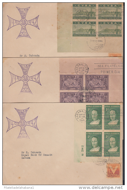 1944-FDC-4 CUBA. REPUBLICA. 1944. DESCUBRIMIENTO DE AMERICA. CRISTOBAL COLON. COLUMBUS. BLOCK 4. PLATE NUMBER. COMPLETE - Nuevos