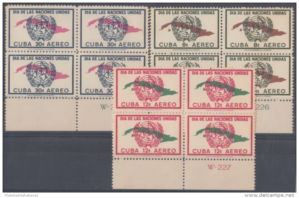 1957-139 CUBA. REPUBLICA. 1957. Ed.718-20 DIA DE LAS NACIONES UNIDAS. ONU. NU. PLATE NUMBER BLOCK 4. GOMA TROPICALIZADA - Nuevos