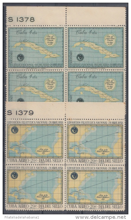 1958-133 CUBA. REPUBLICA. 1958. DIA DEL SELLO. STAMP DAY. CUBAN MAP. Ed.742-43. BLOCK 4. GOMA ORIGINAL TROPICALIZADA. - Neufs