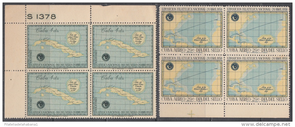 1958-113 CUBA. REPUBLICA. 1958. DIA DEL SELLO. STAMP DAY. CUBAN MAP. Ed.742-43. BLOCK 4. GOMA ORIGINAL TROPICALIZADA. - Ungebraucht