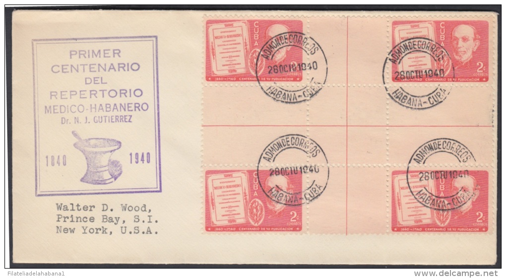 1940-FDC-19 CUBA. REPUBLICA. 1940. REPERTORIO MEDICO HABANERO. CENTROS DE HOJA. CENTER SHEET IN FDC WITH VIOLET CANCEL. - Ungebraucht