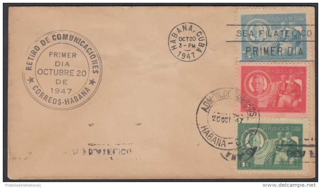 1947-FDC-17 CUBA. REPUBLICA. 1944. RETIRO DE COMUNICACIONES. ANTONIO OMS SARRET. BLACK CANCEL. - Neufs