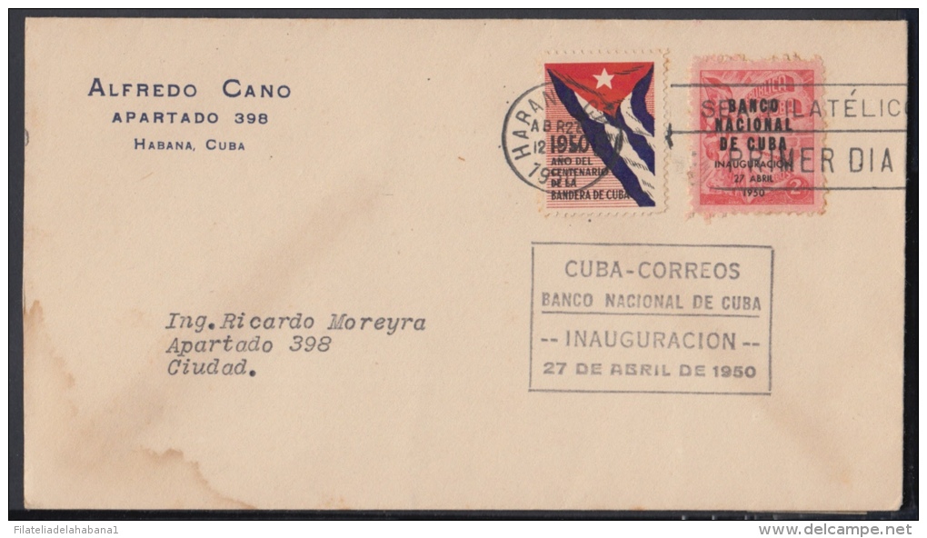 1950-FDC-27 CUBA. REPUBLICA. 1950. SELLO DEL TABACO HABILITADO. INAUGURACION BANCO NACIONAL. BLACK  CANCEL. - Ungebraucht