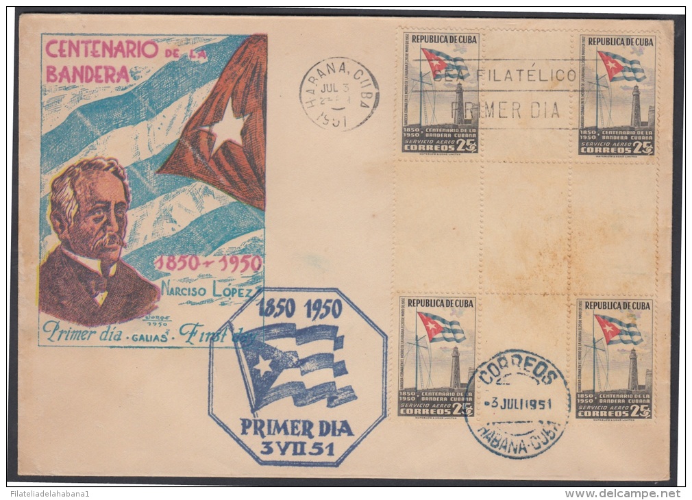 1951-FDC-25 CUBA. REPUBLICA. 1951. SOBRE GALIAS. CENTENARIO DE LA BANDERA. FLAG CENTENARIAL. CENTER OF SHEET 25c. - Ongebruikt