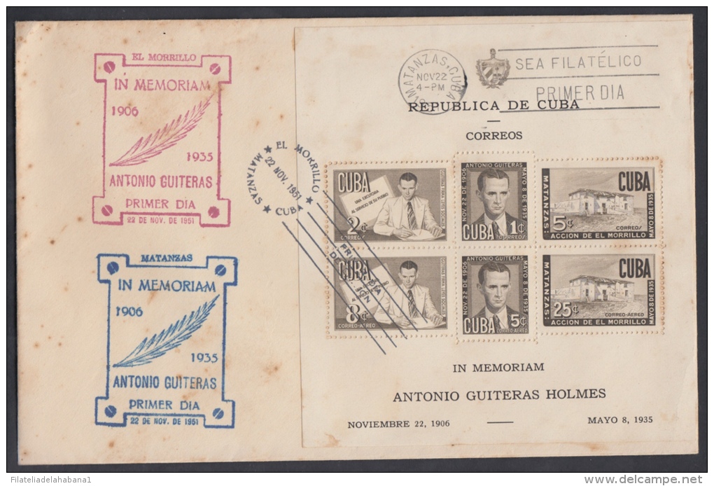 1951-FDC-28 CUBA. REPUBLICA. 1951. ANTONIO GUITERAS. HOJA CASTAÑA CON MARCAS FDC: EL MORRILLO EN ROJO Y MATANZAS EN AZUL - Ungebraucht