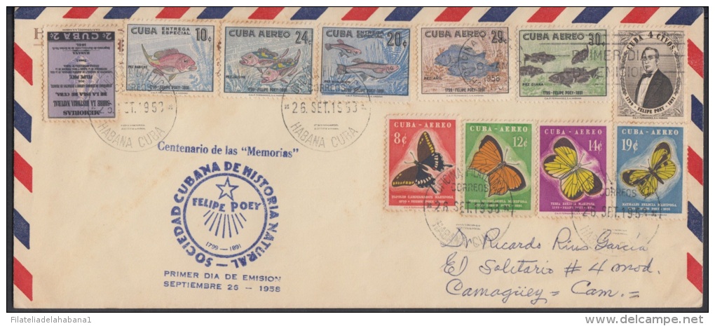 1958-FDC-17 CUBA. REPUBLICA. 1958. FELIPE POEY. MARIPOSAS. PECES. BUTTERFLIES. FISH. COVER COMPLETE SET. - Neufs