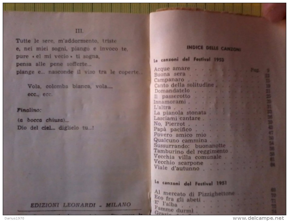 Libretto delle Canzoni del Festival di San Remo - 3° Festival - 1953. B.B.