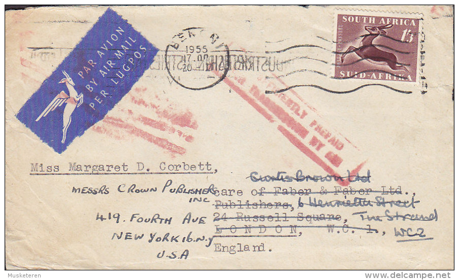 South Africa Par Avion Air Mail Lugpos Winged Gazelle Label BENONI 1955 Cover Brief LONDON England Readresed USA (2 Scan - Aéreo