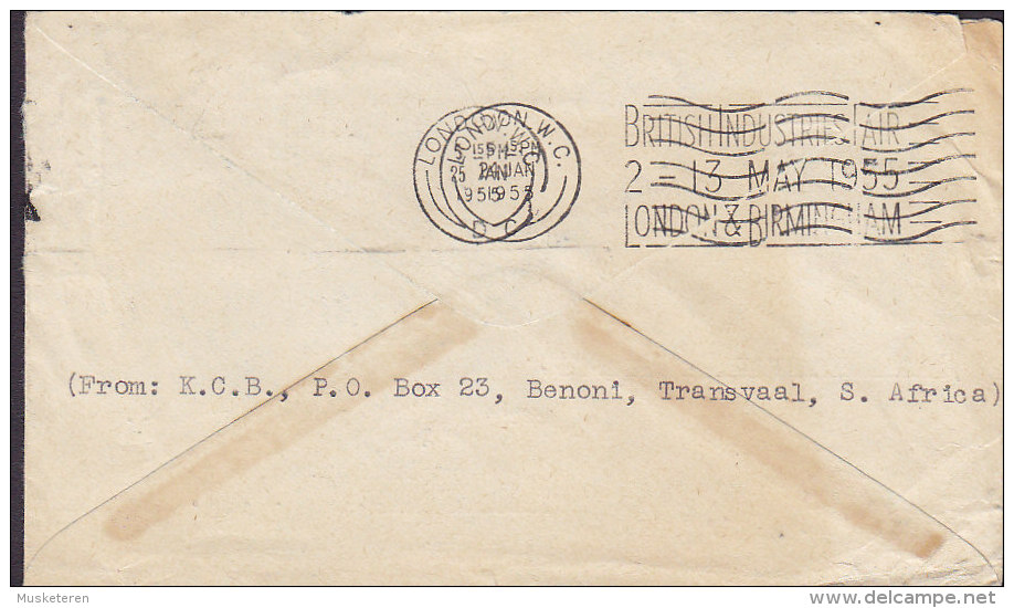 South Africa Par Avion Air Mail Lugpos Winged Gazelle Label BENONI 1955 Cover Brief LONDON England Readresed USA (2 Scan - Posta Aerea