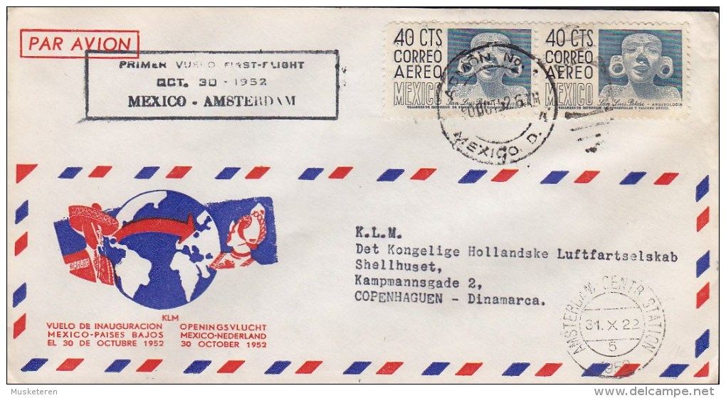 Mexico Par Avion Primer Volo First Flight 1952 Cover Brief MEXICO - AMSTERDAM Central Station Cancel - Mexico