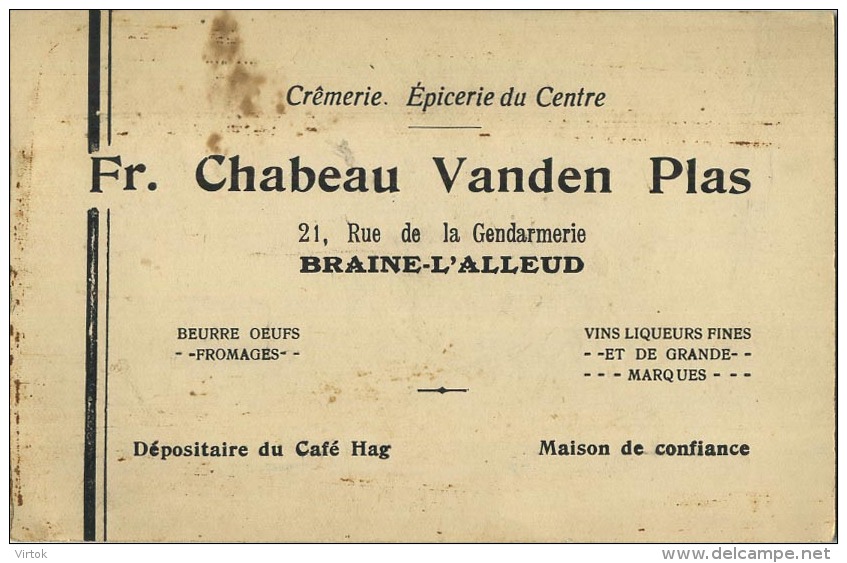 Braine L´Alleud :   Carte Reclame :  Cremerie - épicerie Du Centre :  FR. Chabeau Vanden Plas - Eigenbrakel