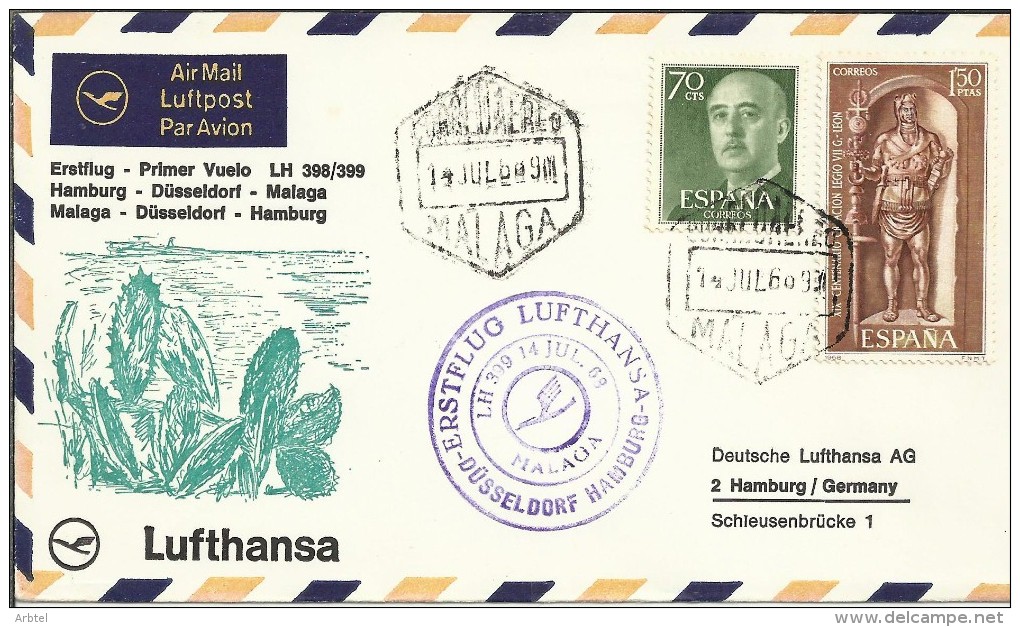 MALAGA CC PRIMER VUELO 1966 MALAGA DUSSELDORF HAMBURG AL DORSO MAT HAMBURG - Covers & Documents