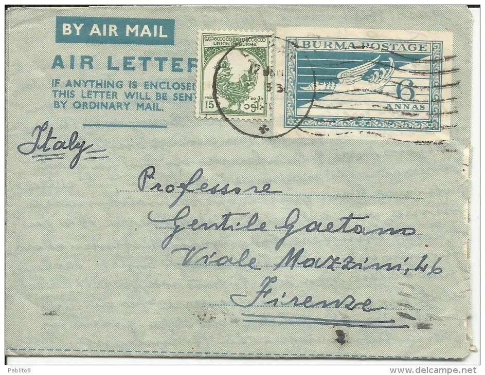 BURMA BIRMANIA BIRMANIE MYANMAR 12 1 1955 LETTER LETTERA COVER LETTRE - Myanmar (Burma 1948-...)