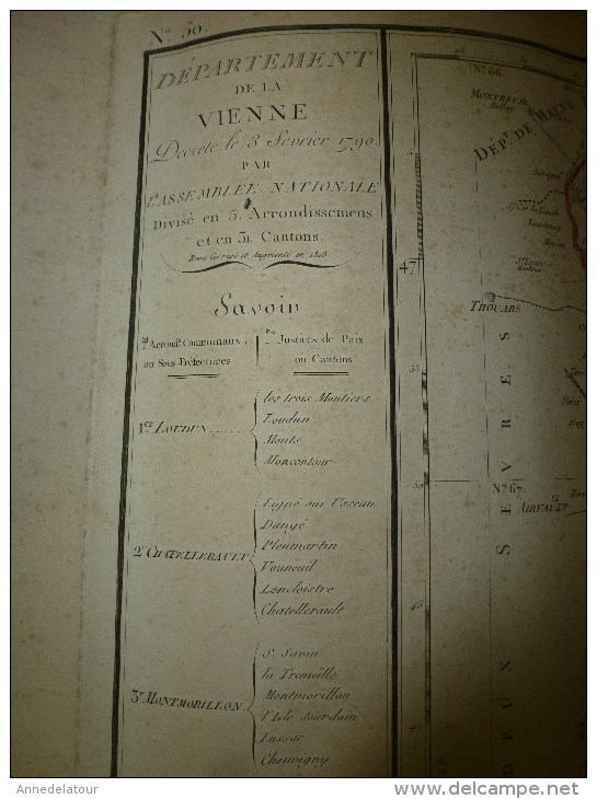 1818 Carte département VIENNE décrété1790 en 5 arr. et 31 cantons,corrigé 1818 (Atlas National de France)