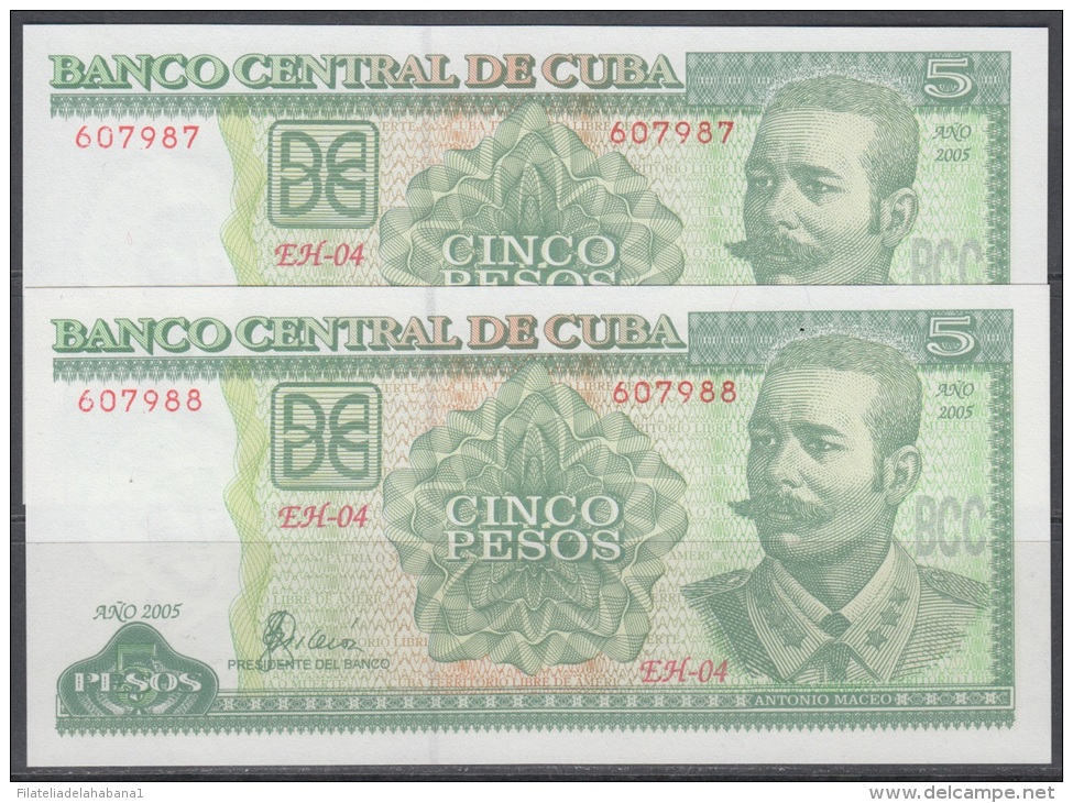 2005-BK-10 CUBA. BANCO NACIONAL DE CUBA. 2005. 5$. MAXIMO GOMEZ UNC. 2 CONSECUTIVE BANKNOTE. - Cuba