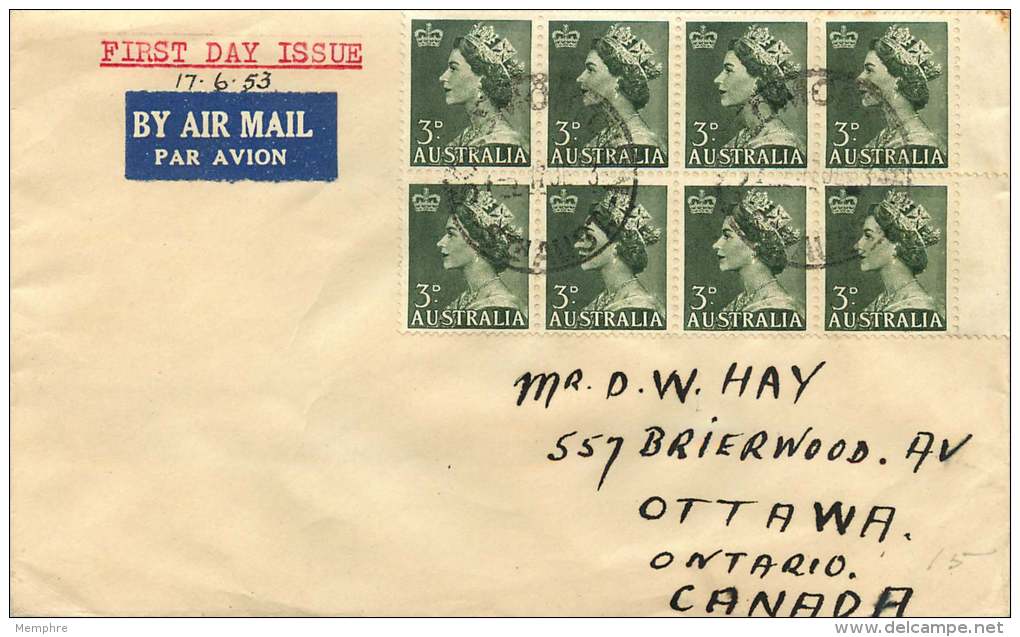 1953  Queen Elizabeth  3d. Definitive   Block Of 8  On FDC To Canada  SG 262 - FDC