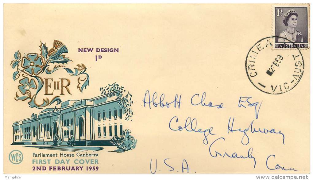 1959  Queen Elizabeth 1d. Definitive New Design On WCS FDC To USA  SG 308 - FDC