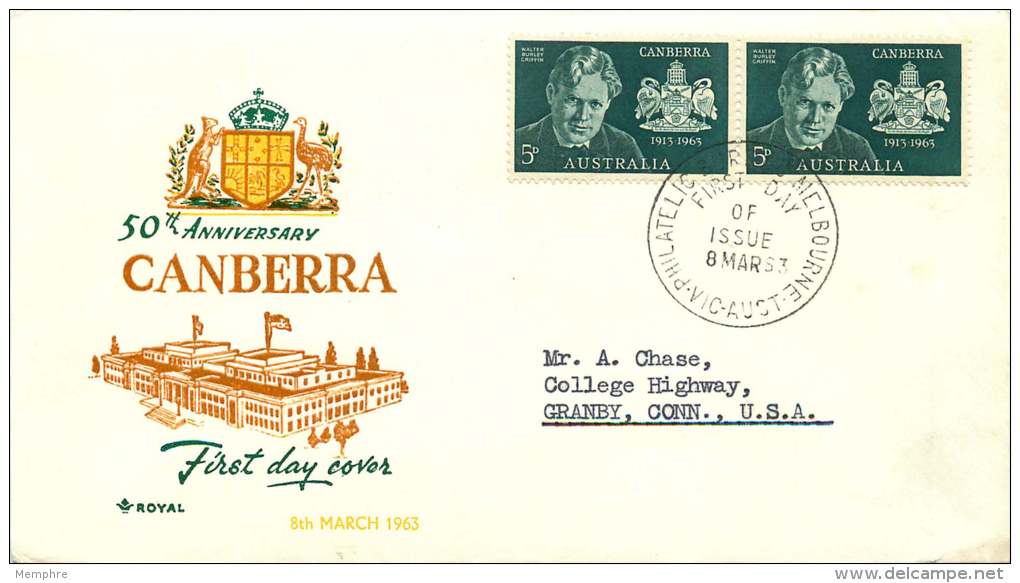 1963  Canberra 50th Anniv.  Pair On Royal FDC To USA  SG 350 - FDC