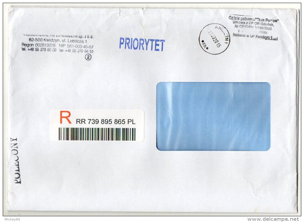 2015--Lettre Recommandée De Pologne Pour La France--enveloppe Format  23cm X 16cm--griffe "Taxe Perçue" - Briefe U. Dokumente