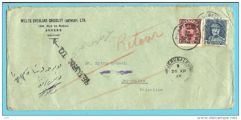 317+320 Op Brief Met Stempel ANTWERPEN Naar Jerusalem (Palestina) Met Stempel RETURN TO -> +INCONNU - 1931-1934 Kepi