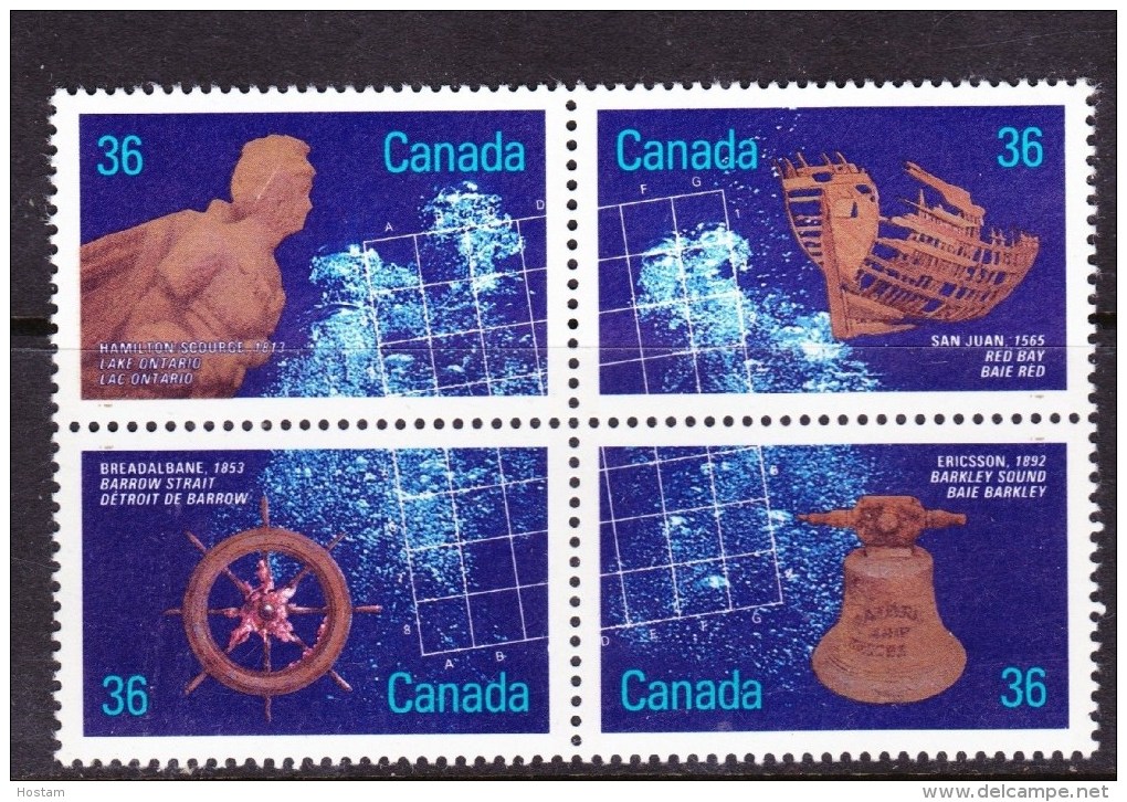 CANADA, 1987. # 1144a, SHIPWRECKS: HAMILTON SCOURGE 1813, SAN JUAN 1565, BREADALBANE 1853 & ERICSSON 1892 - Blocks & Sheetlets