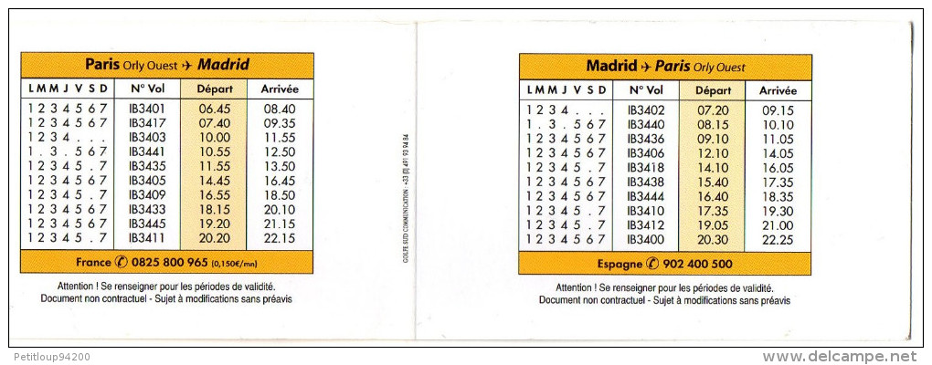 IBERIA  HORAIRES/TIMETABLE  2010/2011 Paris/Madrid/Paris - Zeitpläne