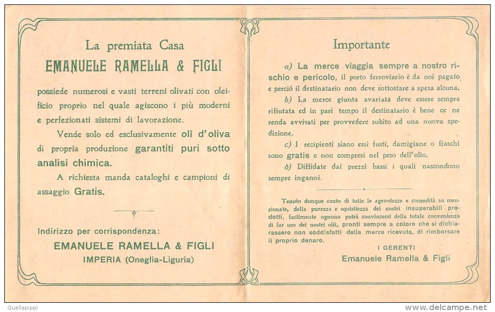 01462 "IMPERIA - ONEGLIA - EMANUELE RAMELLA E FIGLI  - PRODUTTORI OLIO D'OLIVA " . PUBBLICITA' A STAMPA ORIGINALE - Alcolici