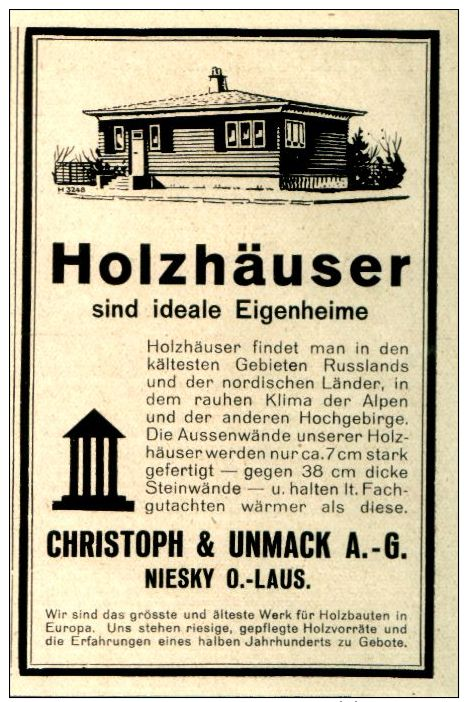 Original-Werbung/ Anzeige 1928 - HOLZHÄUSER / CHRISTOPH & UNMACK -NIESKY NIEDERSCHLESIEN - Ca. 80 X 110 Mm - Werbung