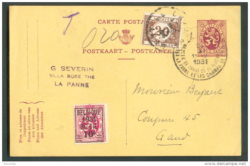 E.P. Carte 40 Centimes Lion Héraldique + N°316 (Préo 10c. S/60c. Belgique 1931) Obl. Sc DE PANNE Du 24-XI-1931 Vers Gand - Tarjetas 1909-1934