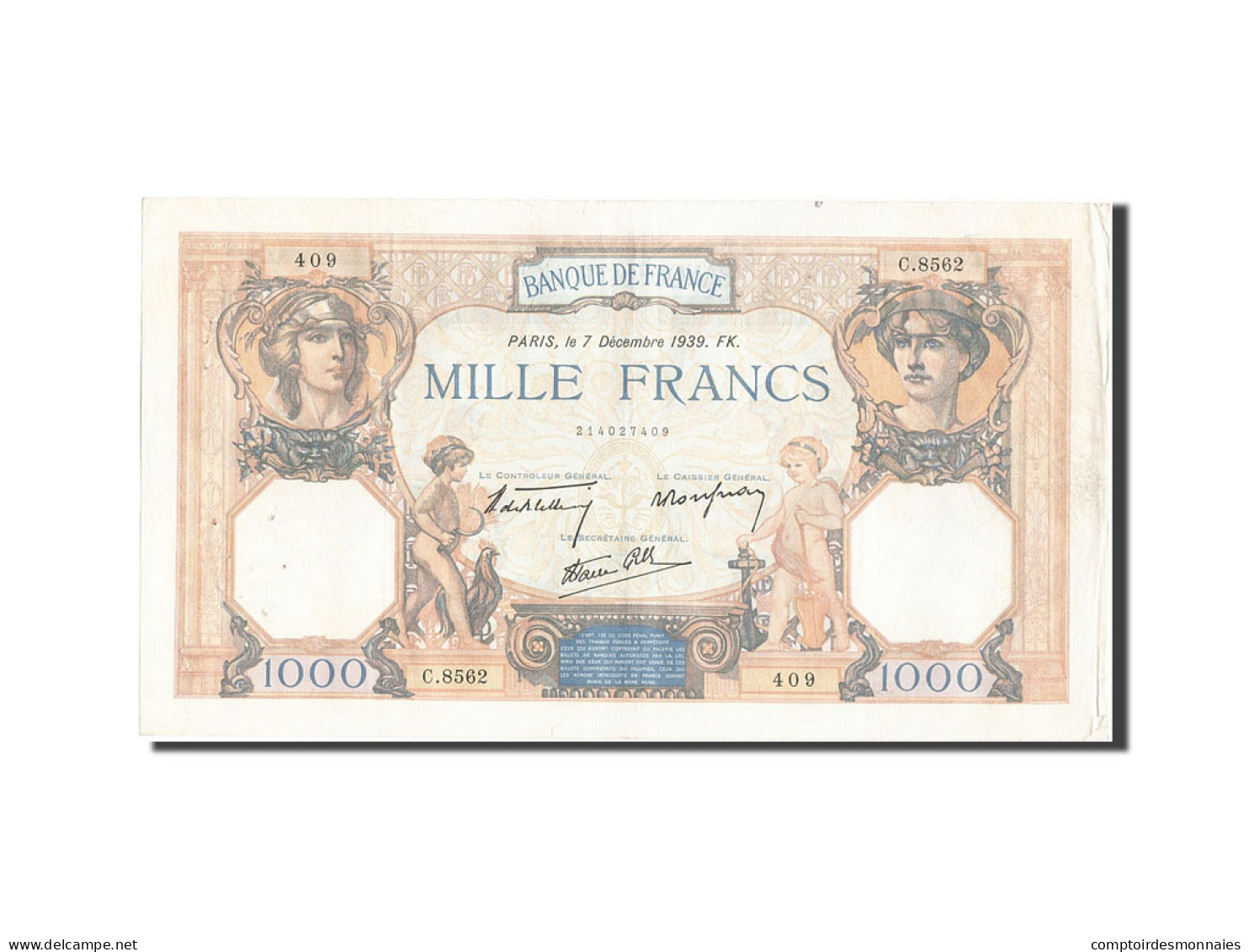 Billet, France, 1000 Francs, 1 000 F 1927-1940 ''Cérès Et Mercure'', 1939 - 1 000 F 1927-1940 ''Cérès E Mercure''