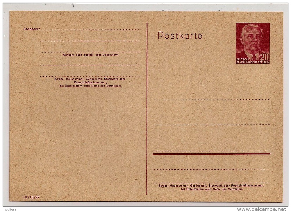 DDR, 1956, Postal Card, Wilhelm Pieck, 20 Pf., Unused - Cartes Postales - Neuves