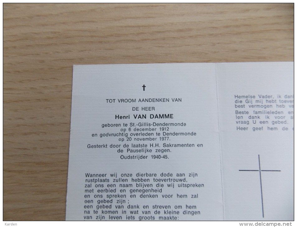 Doodsprentje Henri Van Damme Sint Gillis Dendermonde 6/12/1912 Dendermonde 20/11/1977 - Religione & Esoterismo