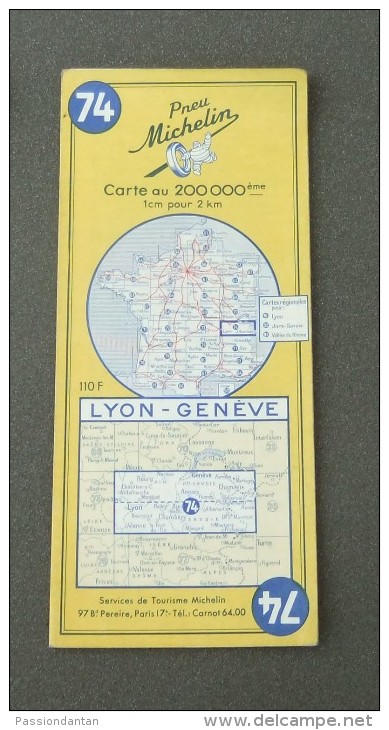 Carte Michelin France - Années 1960 - Numéro 74 - Lyon - Genève - Wegenkaarten