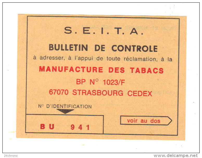 Ancienne Etiquette: S.E.I.T.A. Bulletin De Controle, Manufacture Des Tabacs à Strasbourg, Tabac (15-1614) - Documents