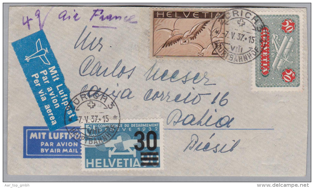 Schweiz Flugpost 1937-05-07  Zürich Brief Nach Bahia Brasilien - Premiers Vols