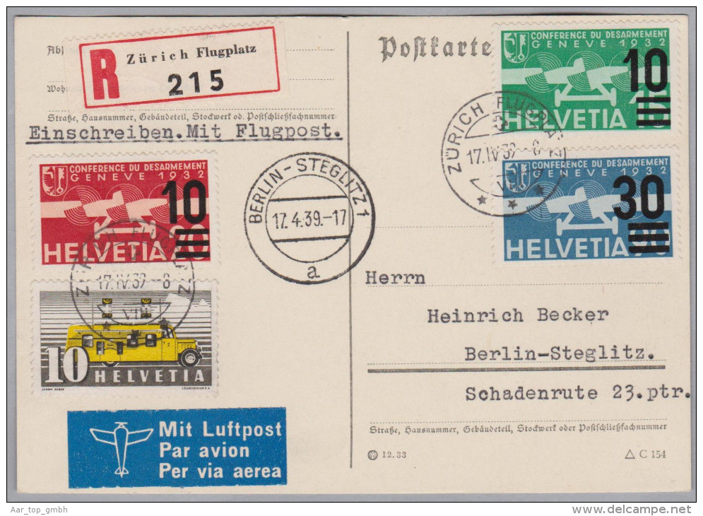 Schweiz Flugpost 1939-04-17 Zürich R-Karte Nach Berlin Steglitz - Erst- U. Sonderflugbriefe