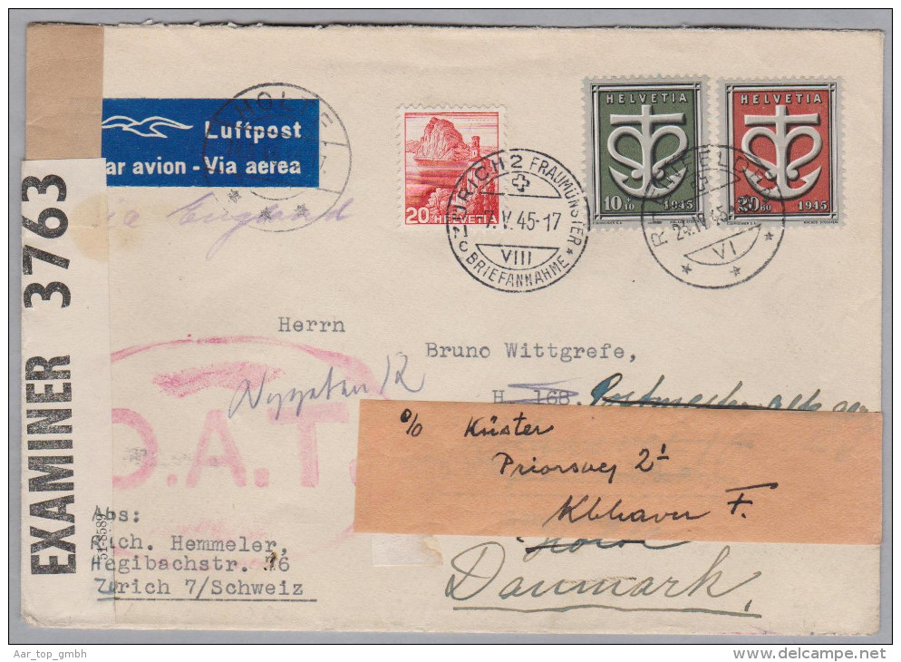 Schweiz Luftpost O.A.T. Zensur Brief 1945-05-07 Zürich 2 Nach Dänemark - First Flight Covers