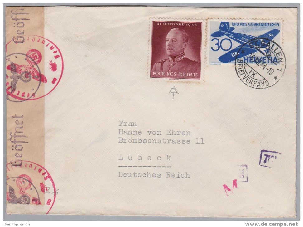 Schweiz Luftpost 1944-12-14 St Gallen Zensur Brief Nach Lubeck D Mit Vignette "Pour Nos Soldats" - Primi Voli