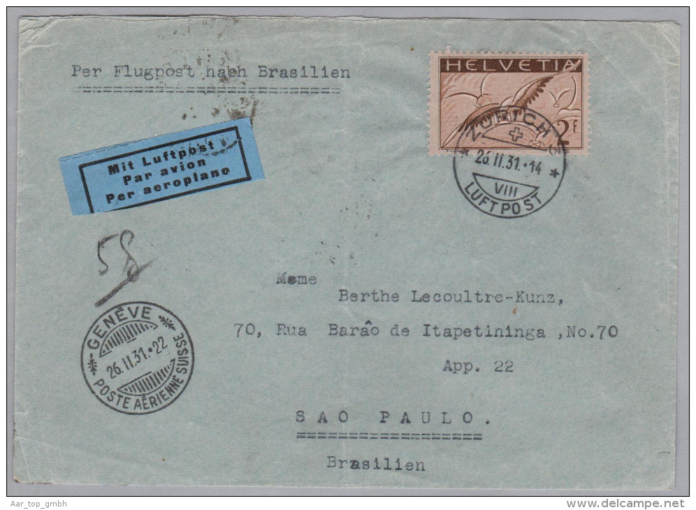 Schweiz Luftpost 1931-02-26 Zürich Brief Nach Sao Paulo Via Genf - Primi Voli