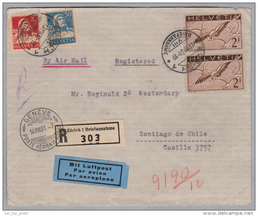 Schweiz Luftpost 1931-08-13 Zürich R-Brief Nach Santiago De Chile Via Genève Und Marseille - Erst- U. Sonderflugbriefe