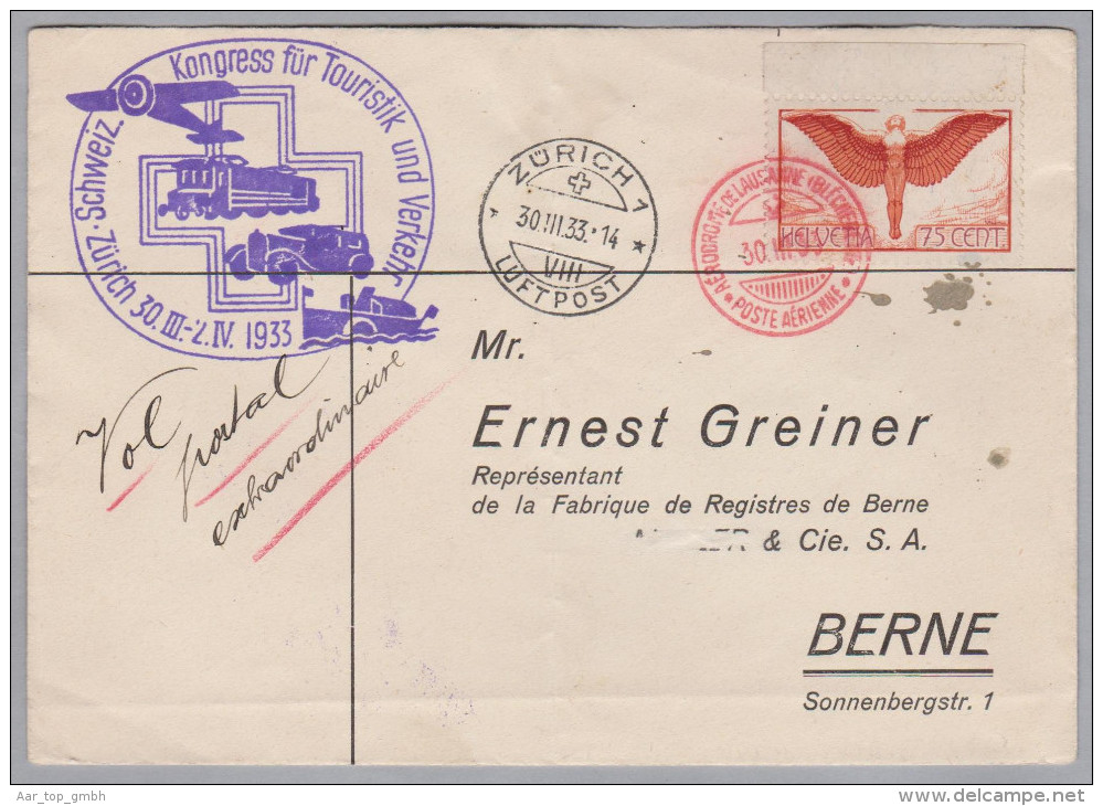 Schweiz Luftpost 1933-03-30 Lausanne Sonderflug Kongress Touristik U. Verkehr Brief Nach Bern - First Flight Covers