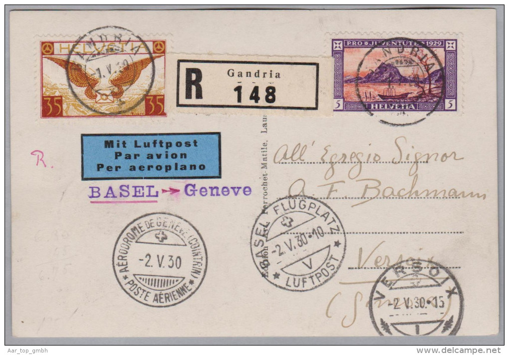 Schweiz Luftpost 1930-05-01 Gandria R-Karte Nach Versoix (Flug Basel-Genf) - Premiers Vols