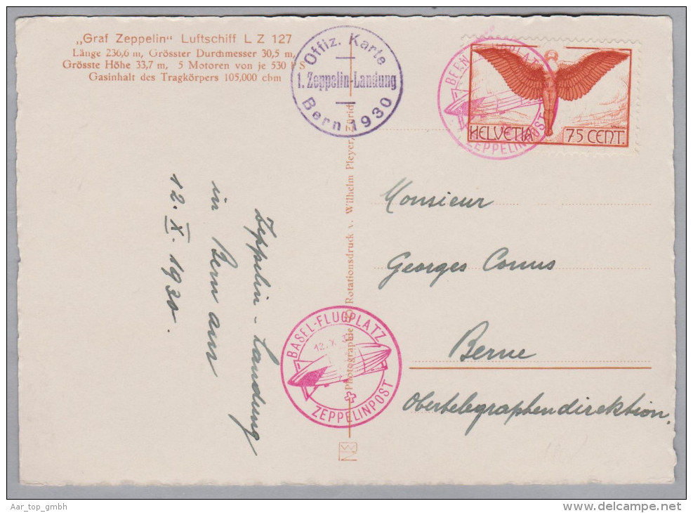 Schweiz Luftpost 1930-10-12 Zeppelinpost Offiz. Karte 1. Zeppelin-Landung - Erst- U. Sonderflugbriefe