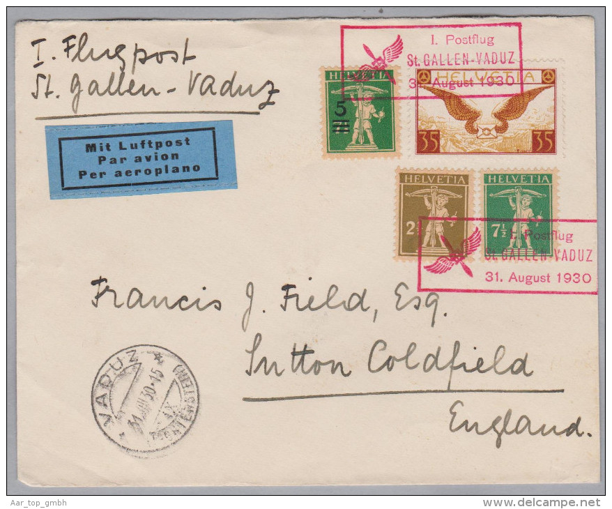 Schweiz Luftpost 1930-08-31 St. Gallen - Vaduz Erstflug Brief Nach Sutton Coldfield GB - First Flight Covers