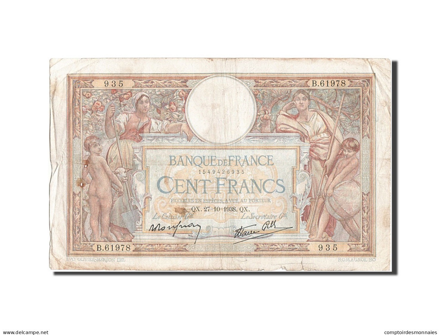 Billet, France, 100 Francs, 100 F 1908-1939 ''Luc Olivier Merson'', 1938 - 100 F 1908-1939 ''Luc Olivier Merson''