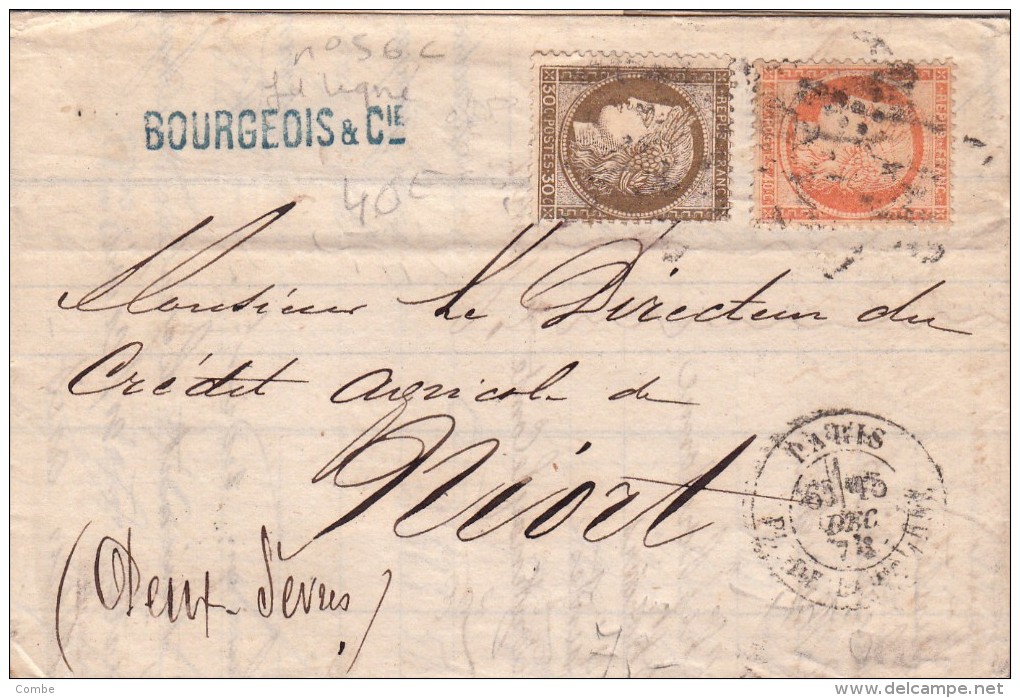 1876  LETTRE  N° 56 + 38.  BOURGEOIS & Cie PARIS PLACE DE LA BOURSE Pour NIORT / 3527 - 1849-1876: Période Classique