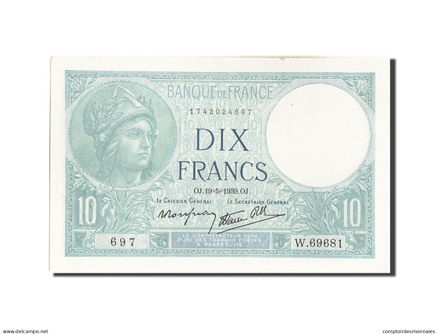 Billet, France, 10 Francs, 10 F 1916-1942 ''Minerve'', 1939, 1939-05-19, SUP+ - 10 F 1916-1942 ''Minerve''